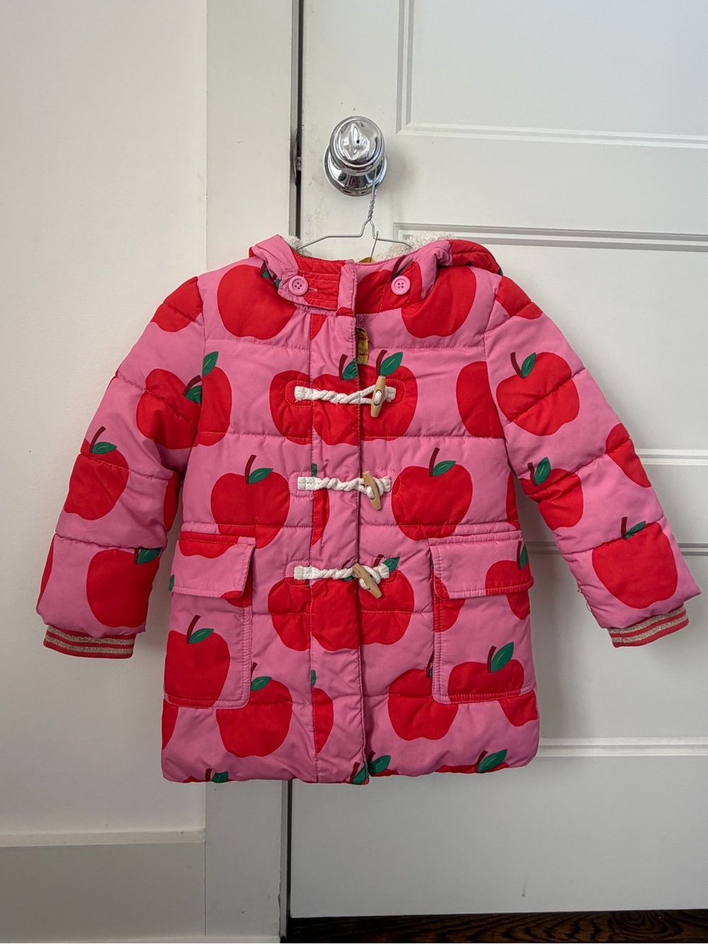 Mini Boden Pink Puffer Coat with Red Apple Print